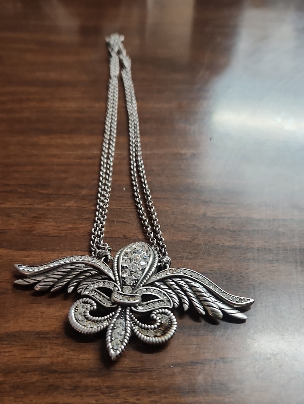 Silver Fleur-de-Lis Wing Pendant Necklace with Crystal Accents
